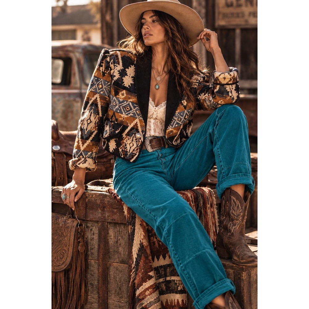 New Identity Tapestry Southwestern Aztec Womens Jacket Concho Button Cropped L